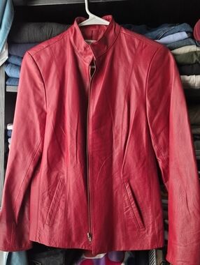 Coldwater Creek Red Leather Stand-Collar Zip Jacket